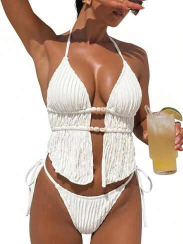 Women's Sexy Two Piece Bikini Sets Beaded Cute Tankini Textured Bathing Suit Halter Cheeky Swimsuits Beach Pool Party in Kuwait