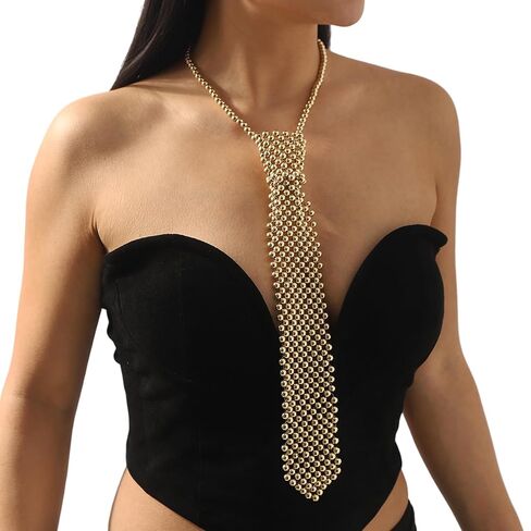 NICENEEDED Pearls Neck Tie, Handmade Weaving Shirt Necklace Neck Tie Gold Pearls Ties Necklace, Artificial Pearl Ties for Women in Kuwait