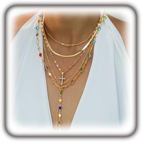 Layered Gold Cross Chain Necklace for Women,Vintage Stackable Colorful Rosary Beaded Necklaces Set,Trendy Boho Jewelry Holiday Outfits Accessories in Saudi Arabia