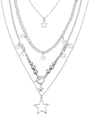 Y2k Star Necklac, Grunge Silver Layered Necklace, Stackable Chunky Star Pendant Necklaces, Fashion Punk Gothic Vintage Aesthetic Emo Jewelry Set Accessories for Women in Saudi Arabia