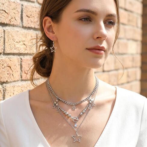 Y2k Star Necklac, Grunge Silver Layered Necklace, Stackable Chunky Star Pendant Necklaces, Fashion Punk Gothic Vintage Aesthetic Emo Jewelry Set Accessories for Women in Saudi Arabia