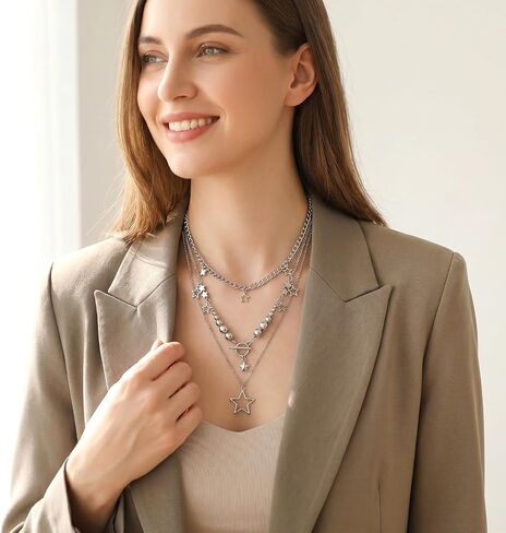 Y2k Star Necklac, Grunge Silver Layered Necklace, Stackable Chunky Star Pendant Necklaces, Fashion Punk Gothic Vintage Aesthetic Emo Jewelry Set Accessories for Women in Saudi Arabia
