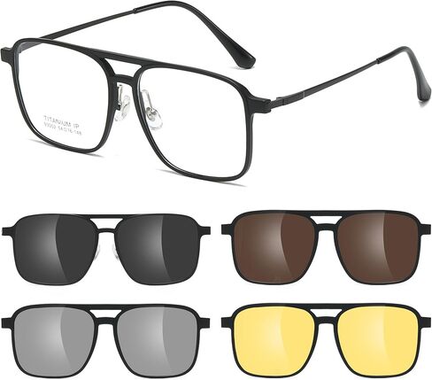 Titanium Aviator Glasses Frame Men for Big Face Square Magnetic Sunglasses Eyeglasses With 4Pcs UV Polarized clip on in Saudi Arabia