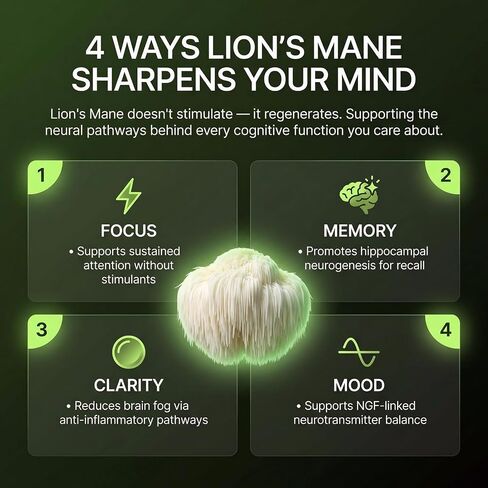 Premium Organic Lion's Mane Mushroom Supplement 1000mg - Nootropic Brain Supplements for Memory, Focus & Clarity - Dual Extract Lions Mane Capsules for Brain Health Support - 60 Count in Saudi Arabia