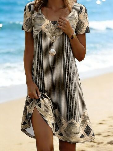 Summer Dresses for Womens Boho V Neck Short Sleeve Midi Sundress Loose Fit Casual Beach Vacation Dress Multicolor in Kuwait