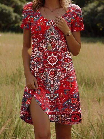 Summer Dresses for Womens Boho V Neck Short Sleeve Midi Sundress Loose Fit Casual Beach Vacation Dress Multicolor in Kuwait
