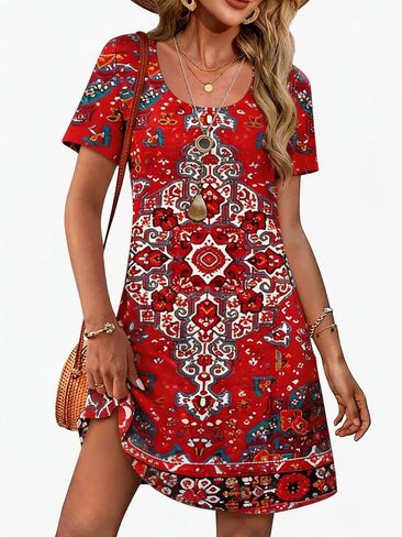 Summer Dresses for Womens Boho V Neck Short Sleeve Midi Sundress Loose Fit Casual Beach Vacation Dress Multicolor in Kuwait