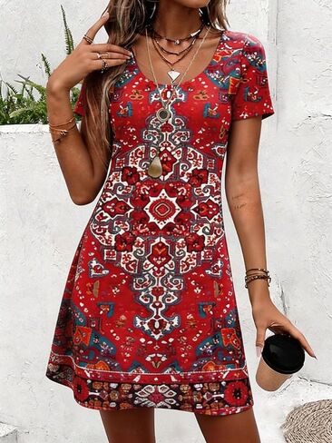 Summer Dresses for Womens Boho V Neck Short Sleeve Midi Sundress Loose Fit Casual Beach Vacation Dress Multicolor in Kuwait
