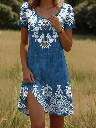 Summer Dresses for Womens Boho V Neck Short Sleeve Midi Sundress Loose Fit Casual Beach Vacation Dress Multicolor in Kuwait