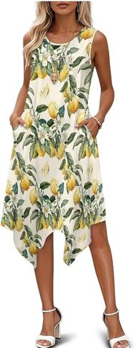 Women Summer Casual Sleeveless Crewneck Sundress A-line Flowy Irregular Midi Beach Dress Vacation Outfits in Saudi Arabia