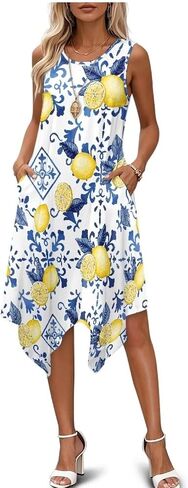 Women Summer Casual Sleeveless Crewneck Sundress A-line Flowy Irregular Midi Beach Dress Vacation Outfits in Saudi Arabia