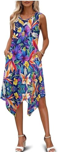 Women Summer Casual Sleeveless Crewneck Sundress A-line Flowy Irregular Midi Beach Dress Vacation Outfits in Saudi Arabia