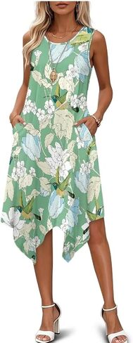 Women Summer Casual Sleeveless Crewneck Sundress A-line Flowy Irregular Midi Beach Dress Vacation Outfits in Saudi Arabia