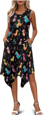 Women Summer Casual Sleeveless Crewneck Sundress A-line Flowy Irregular Midi Beach Dress Vacation Outfits in Saudi Arabia