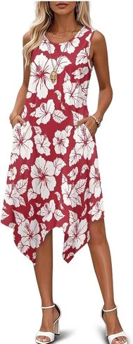 Women Summer Casual Sleeveless Crewneck Sundress A-line Flowy Irregular Midi Beach Dress Vacation Outfits in Saudi Arabia
