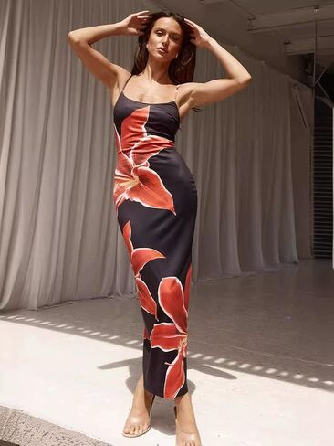 Women's Summer Floral Maxi Dress Summer Sexy Spaghetti Strap Backless Elegant Bodycon Long Tight Dress for Beach Vacation in Kuwait