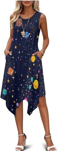 Women Summer Casual Sleeveless Crewneck Sundress A-line Flowy Irregular Midi Beach Dress Vacation Outfits in Saudi Arabia
