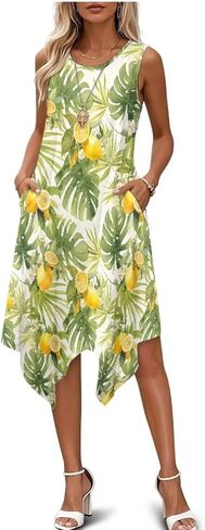 Women Summer Casual Sleeveless Crewneck Sundress A-line Flowy Irregular Midi Beach Dress Vacation Outfits in Saudi Arabia