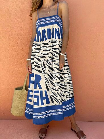 Summer Boho Dresses for Women Casual Sleeveless Spaghetti Strap Tropical Fish Print Maxi Dress Beach Vacation in Kuwait
