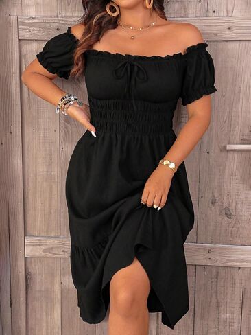 Women's Boho Plus Size Midi Dress, Black Off-Shoulder Puff Sleeve Smocked Waist Dress in Kuwait