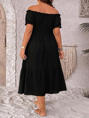 Women's Boho Plus Size Midi Dress, Black Off-Shoulder Puff Sleeve Smocked Waist Dress in Kuwait