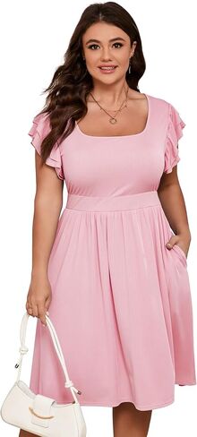 ShopWonder Women Plus Size Midi Dress Short Ruffle Sleeves High Waist Casual Summer Dress with Pockets in Kuwait