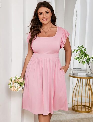 ShopWonder Women Plus Size Midi Dress Short Ruffle Sleeves High Waist Casual Summer Dress with Pockets in Kuwait
