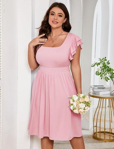 ShopWonder Women Plus Size Midi Dress Short Ruffle Sleeves High Waist Casual Summer Dress with Pockets in Kuwait