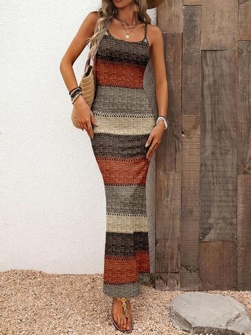 Women's Boho Striped Sleeveless Maxi Dress Casual Spaghetti Strap Bodycon Long Dress for Summer Beach Vacation Daily Wear in Kuwait