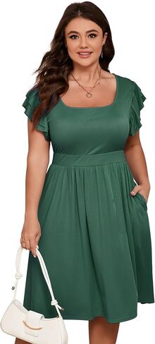 ShopWonder Women Plus Size Midi Dress Short Ruffle Sleeves High Waist Casual Summer Dress with Pockets in Kuwait