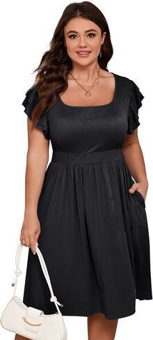 ShopWonder Women Plus Size Midi Dress Short Ruffle Sleeves High Waist Casual Summer Dress with Pockets in Kuwait