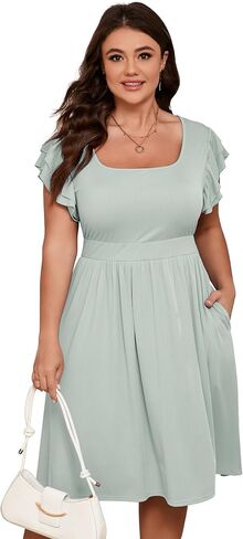 ShopWonder Women Plus Size Midi Dress Short Ruffle Sleeves High Waist Casual Summer Dress with Pockets in Kuwait