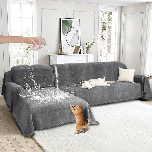 1OO% Waterproof Sectional Couch Covers for Dogs Chenille L Shape Sofa Cover Blanket Set 2 Pieces Sectional Slipcover with Tassel Soft Washable Pet Furniture Protector (X-Large, Charcoal Grey) in Kuwait
