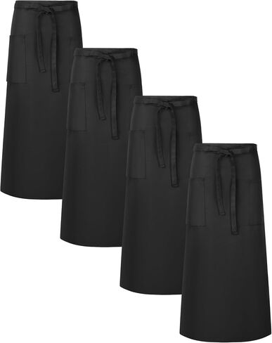 Xtinmee 4 Pcs Bistro Aprons 2 Pockets 32 Inch Waterproof Half Waist Black Bistro Apron with Long Waist Ties for Server Chef Waiter Waitress Bartender in Kuwait