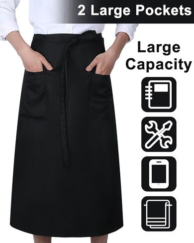 Xtinmee 4 Pcs Bistro Aprons 2 Pockets 32 Inch Waterproof Half Waist Black Bistro Apron with Long Waist Ties for Server Chef Waiter Waitress Bartender in Kuwait