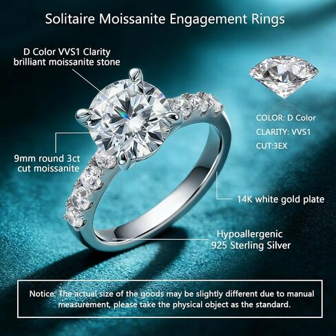 WES 3CT Solitaire Moissanite Engagement Ring for Women - 925 Sterling Silver D Color VVS1 Round Cut Moissanite Engagement Wedding Promise Ring for Her, Size 4-11 in Saudi Arabia