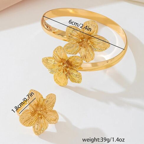 Gold Hibiscus Flowers Open Rings Bracelet for Women Dainty Statement Textured Floral Ring Cuff Bangle Jewelry Set Gift Charm Party Costume Accessories in Saudi Arabia