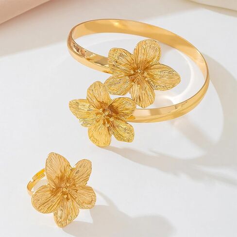 Gold Hibiscus Flowers Open Rings Bracelet for Women Dainty Statement Textured Floral Ring Cuff Bangle Jewelry Set Gift Charm Party Costume Accessories in Saudi Arabia