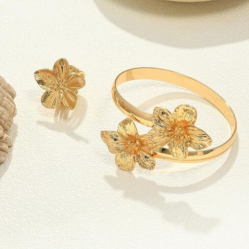 Gold Hibiscus Flowers Open Rings Bracelet for Women Dainty Statement Textured Floral Ring Cuff Bangle Jewelry Set Gift Charm Party Costume Accessories in Saudi Arabia