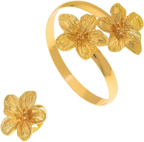 Gold Hibiscus Flowers Open Rings Bracelet for Women Dainty Statement Textured Floral Ring Cuff Bangle Jewelry Set Gift Charm Party Costume Accessories in Saudi Arabia