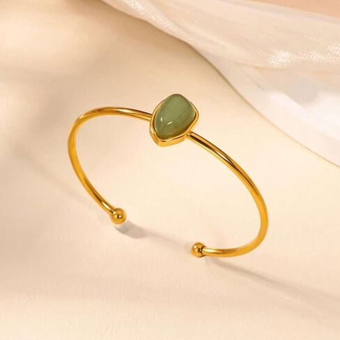18K Gold Plated Green Gemstone Open Cuff Bracelet, Vintage Bohemian Bracelets For Women Elegant Pulseras Para Mujer Daily Beach Party Bangle Bracelets For Women in Kuwait