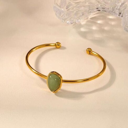 18K Gold Plated Green Gemstone Open Cuff Bracelet, Vintage Bohemian Bracelets For Women Elegant Pulseras Para Mujer Daily Beach Party Bangle Bracelets For Women in Kuwait
