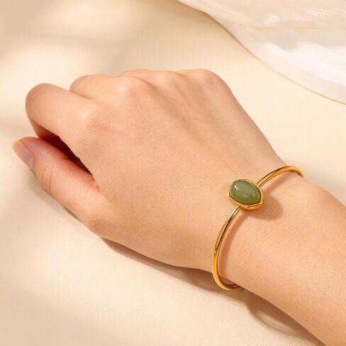 18K Gold Plated Green Gemstone Open Cuff Bracelet, Vintage Bohemian Bracelets For Women Elegant Pulseras Para Mujer Daily Beach Party Bangle Bracelets For Women in Kuwait