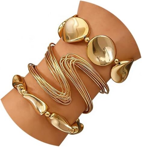 Layered Gold Silver Plated Twist Beaded Bangles Set for Women,Twisted Wave Geometrical Wrist Cuff Bracelets Punk Party Trendy Jewelry Accessories Gift in Kuwait