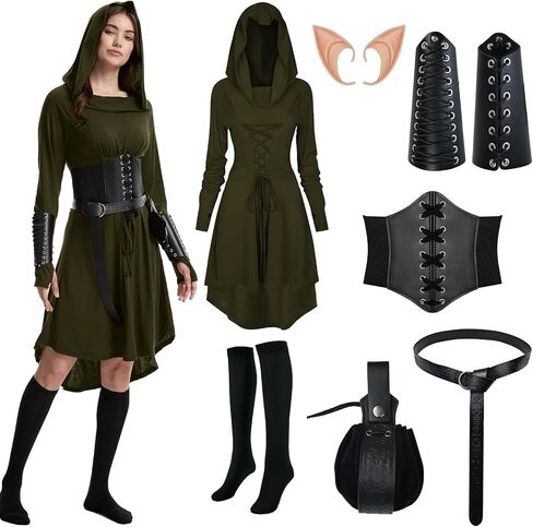 8 Pcs Women Renaissance Fairy Costume Medieval Elf Dress with Faux Leather Arm Pouch Belt for Halloween in Kuwait