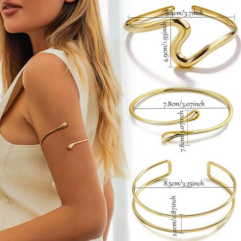 3 Pcs Arm Cuff Jewelry for Women Upper Arm Bangle Band Wave Layered Armlet Minimalist Arm Cuff Bracelet Adjustable Silver Gold Plated in Saudi Arabia