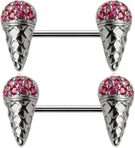 Body Accentz Surgical Steel Ice Cream Cone Nipple Bar, 14 Gauge, 9/16 Inch Length, Pink Crystal in Kuwait