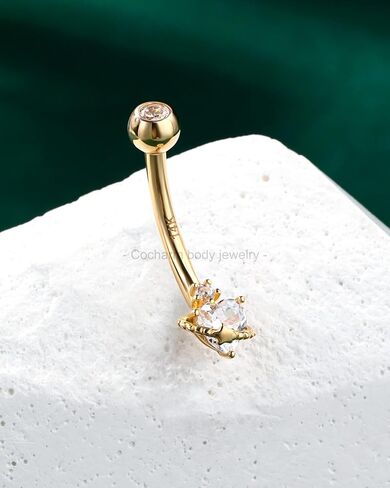 COCHARM 14K Gold Belly Button Ring, 14K Heart Gold Navel Ring for Women, Hypoallergenic Piercing Jewelry, 14G Gauge, 10MM Barbell Length, Sparkly Star Halo Design in Kuwait