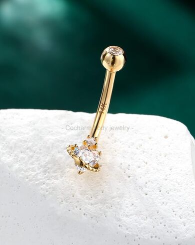 COCHARM 14K Gold Belly Button Ring, 14K Heart Gold Navel Ring for Women, Hypoallergenic Piercing Jewelry, 14G Gauge, 10MM Barbell Length, Sparkly Star Halo Design in Kuwait