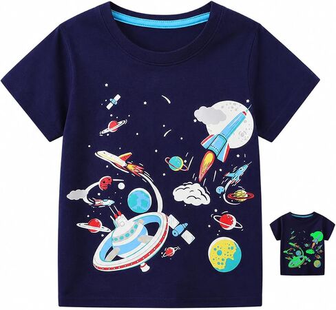 Toddler Boys T-Shirt Short Sleeve Shirt Truck Dinosaur Shark Space Rocket Print Cotton Tops Glow-in-The-Dark Shirts in Saudi Arabia